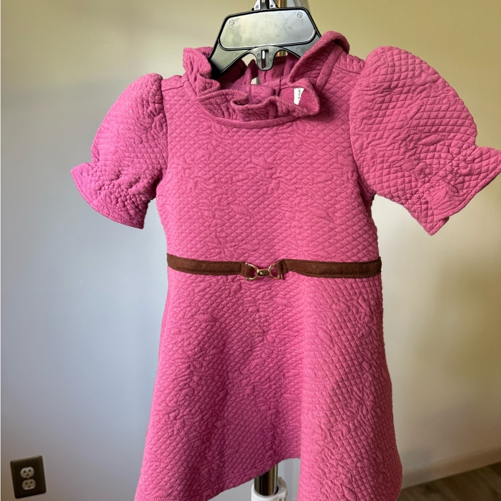 Janie and Jack Pink Quilted Dress with Bow and Brown Belt
